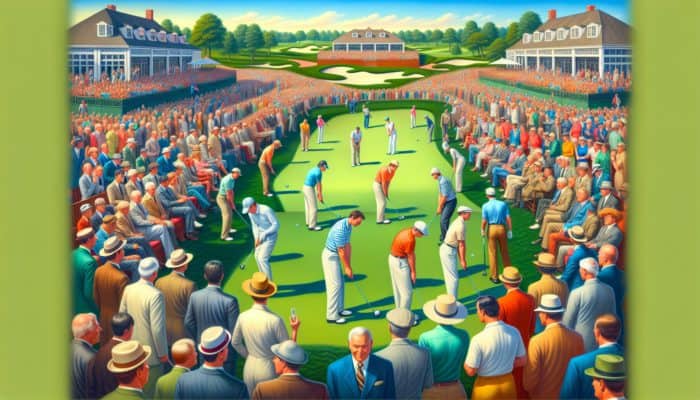 Skilled golfers competing at Reading Golf Club during a major tournament, with spectators and a festive atmosphere.