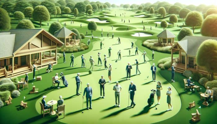 Serene golf course at Reading Golf Club with lush fairways, clubhouse, and golfers in smart attire.