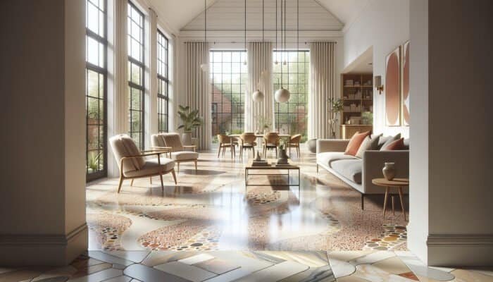 A polished terrazzo floor in Buckinghamshire home, gleaming, showing increased durability and protection from damage.