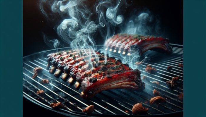 BBQ ribs on a grill with smoke from cherry and mesquite wood chips, infusing rich flavors.