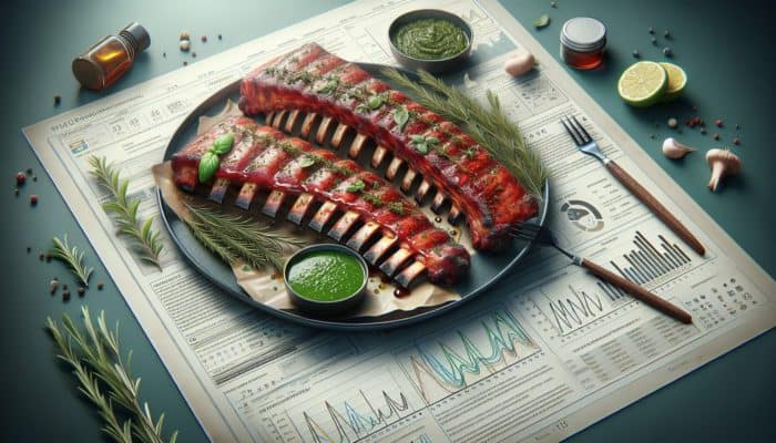 BBQ ribs with rosemary, thyme, basil, marinated in olive oil and lemon, served with chimichurri sauce.