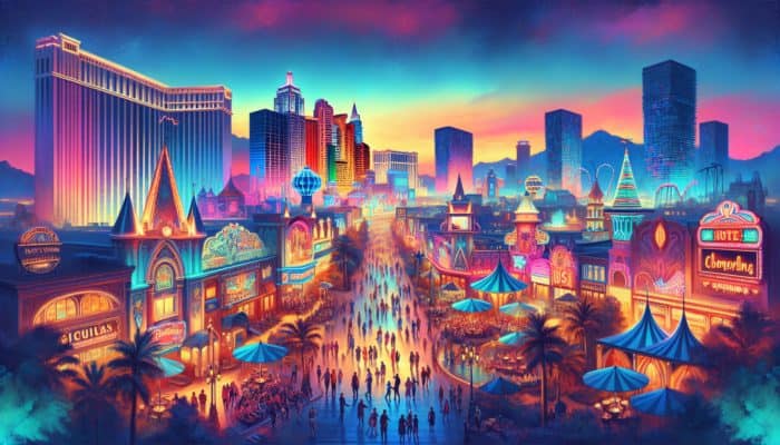 Affordable Las Vegas Strip hotels such as Excalibur and Circus Circus illuminated at dusk.