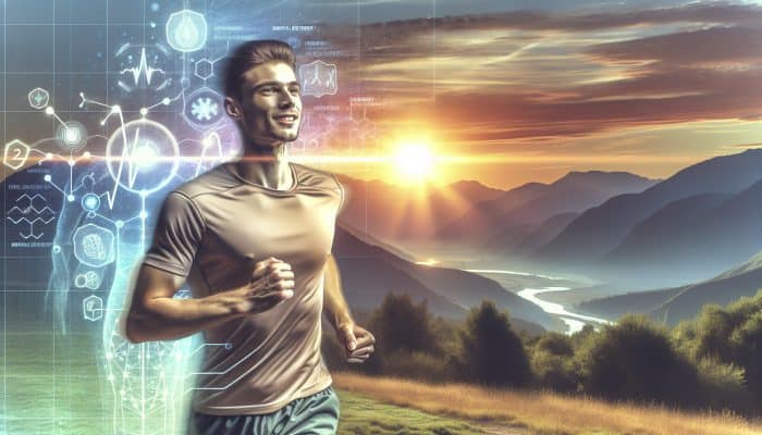 Young man jogging at sunrise, symbolising energy, confidence, and improved mental health.