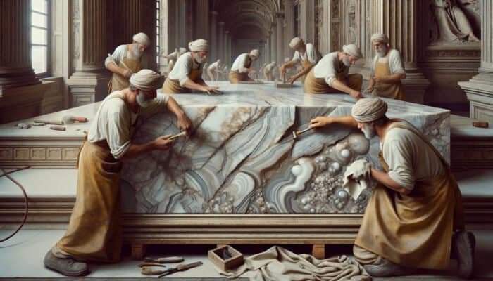 Skilled artisans polishing aged marble in a grand historical building, preserving its historical integrity and beauty.