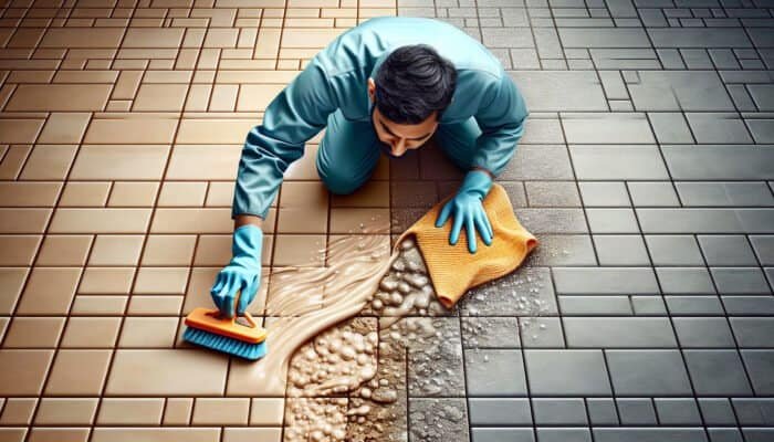Professional cleaner removing dirt from grout, showing before-and-after of vibrant versus dull grout.