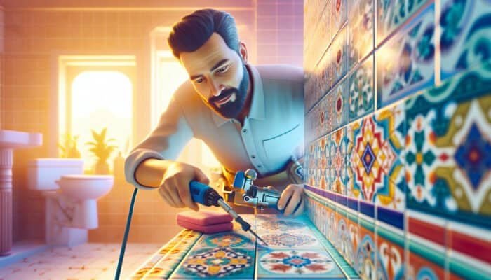 A skilled technician cleaning grout between vibrant tiles with advanced equipment in a modern bathroom.