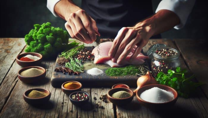 Chef's hands blending green herbs, spices, and salt for a smoked turkey herb rub.