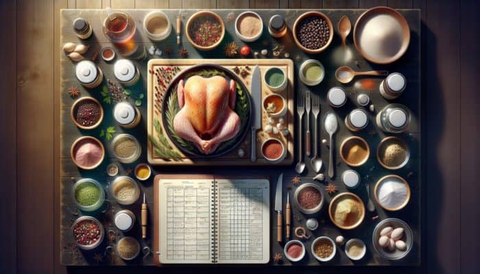 A chef's table with herbs, spices, mixed rub, test batches, tasting spoons, and a notebook for flavor experiments.