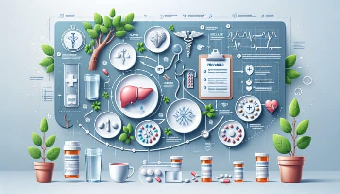 Infographic detailing liver blood test prep: fasting, hydration, medication list, calm setting, medical symbols, liver diagram.