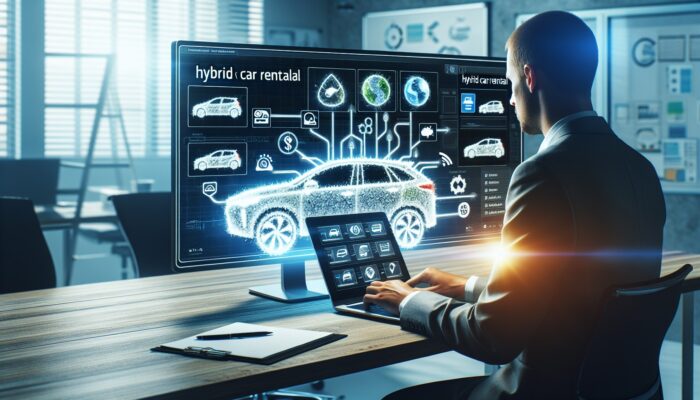 A person comparing hybrid car rental options on a laptop in a modern office.