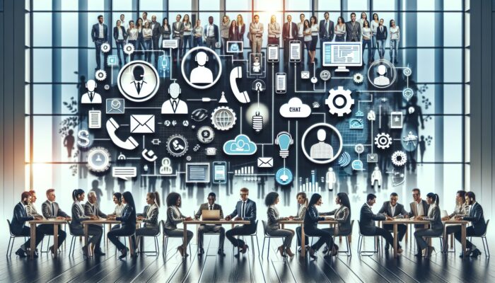 Diverse group using phone, chat, email for customer support in a modern office setting.