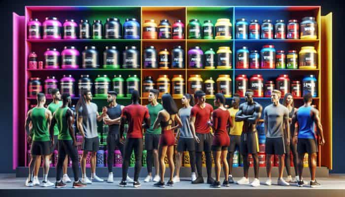 A colorful shelf of sports supplements like protein powders and vitamins, with young athletes in uniforms browsing and discussing.