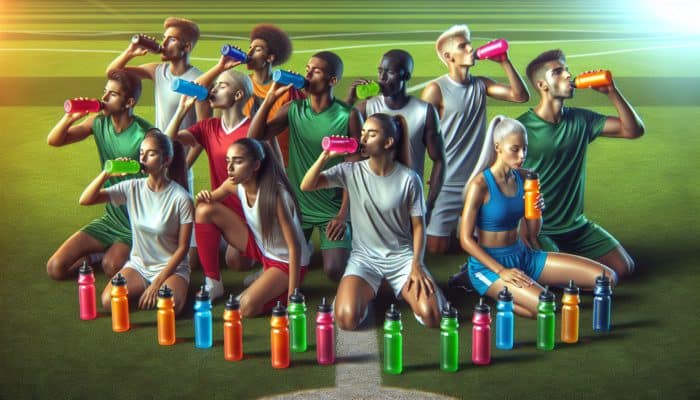 Young athletes using colorful electrolyte drinks and supplements during a soccer match on a vibrant field.