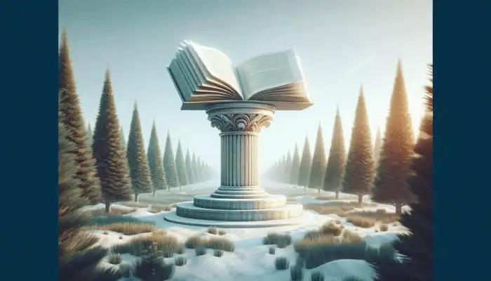 A serene landscape with an open book on a pedestal amidst evergreen trees, symbolising enduring knowledge.