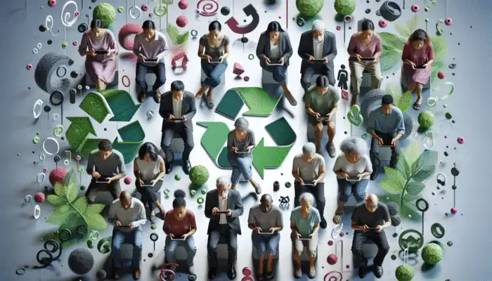 Diverse group using digital devices, surrounded by sustainability symbols in a modern setting.