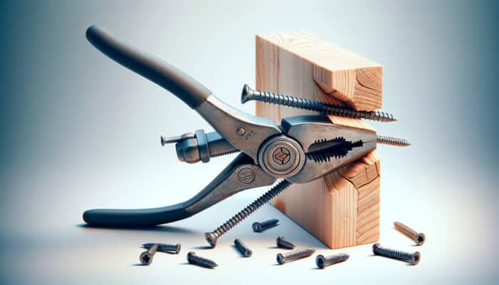Sturdy pliers gripping and twisting a rusted screw on wooden furniture during house clearance.