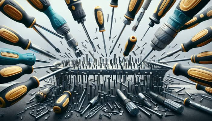 A collection of screwdrivers disassembling urban furniture, screws neatly arranged, showcasing rapid dismantling.