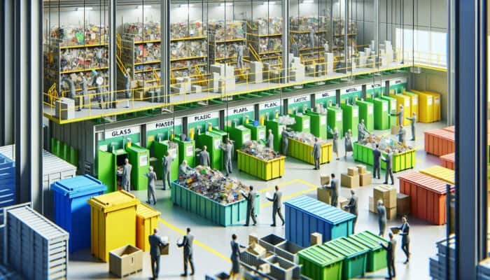 A detailed scene of waste sorting in a bright, organized recycling facility with labeled bins for glass, paper, plastic, and metal, and people sorting items.