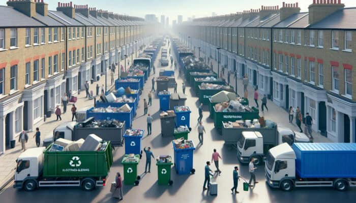 Diverse specialized recycling bins and trucks on a UK street, people sorting electronics, mattresses, and furniture.