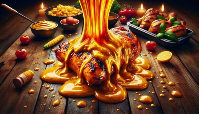 Golden Carolina Gold sauce drizzled over grilled competition chicken, enhancing BBQ with a tangy twist.