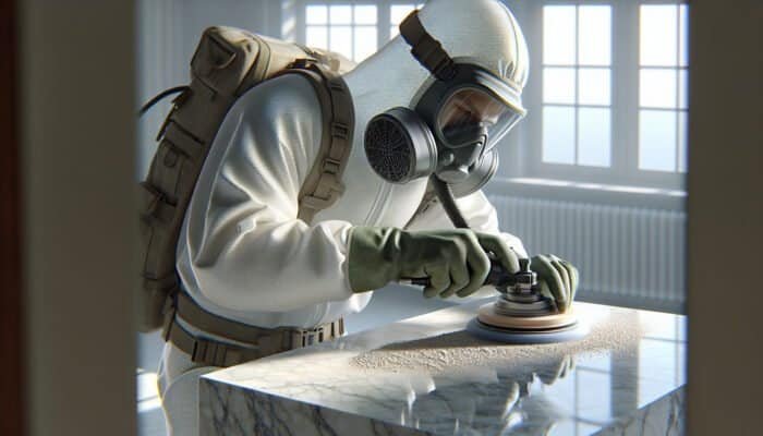 Person in protective gear polishing limestone with powder in a well-ventilated room for glossy finish.