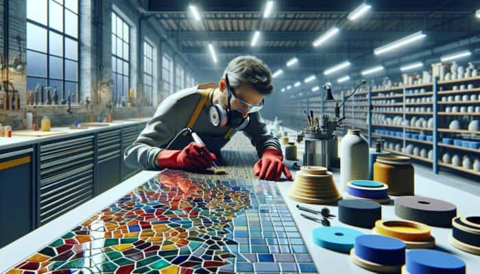 A person polishing a vibrant mosaic of ceramic tiles in a well-organised workshop.