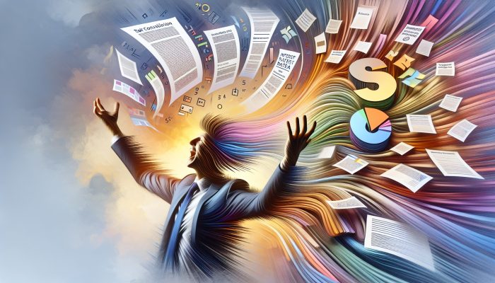 A person feeling relieved and joyful amidst symbols of debt consolidation: merged documents, lower interest rates, and a path to financial freedom.