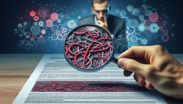 A magnifying glass examining a loan document with hidden fees highlighted in red, a concerned person reviewing charts.