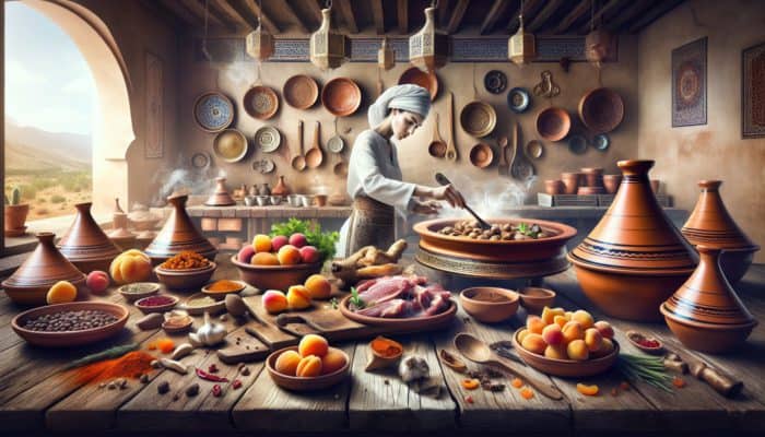 A Moroccan kitchen scene with a cook preparing lamb, apricots, and spices for tagine cooking.