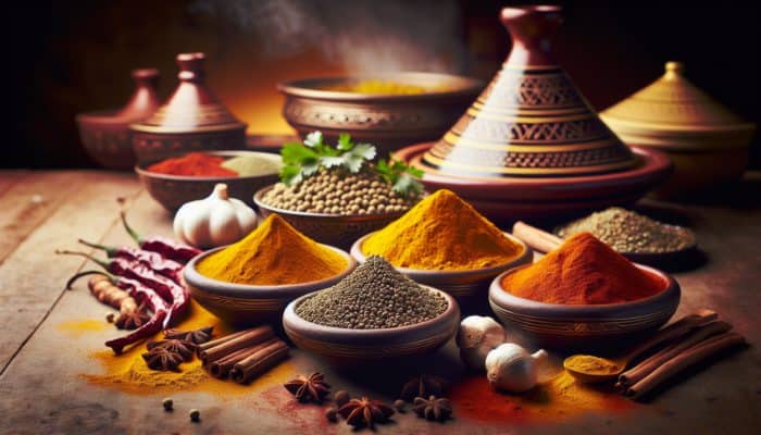 A still life of cumin, coriander, paprika, and turmeric in bowls on a rustic North African table, with a steaming tagine in the background.