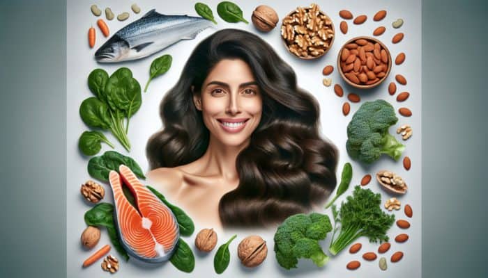 A person with healthy hair surrounded by nutritious foods like salmon, nuts, and leafy greens.