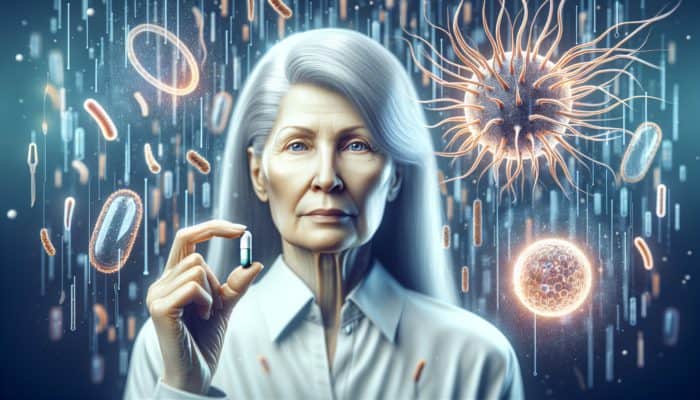 A woman taking biotin supplement for hair growth, with caution sign for balanced intake.