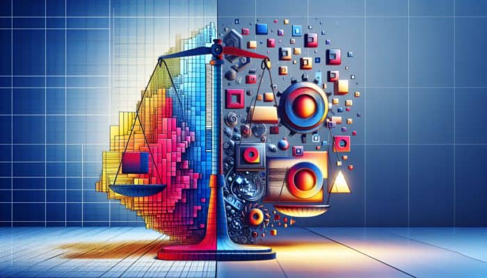 A digital scale balancing a high-resolution image and a compressed file icon, with a progressive JPEG loading on a mobile device.