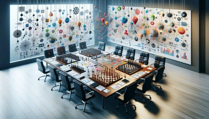 A detailed crisis management plan displayed on a table, showcasing risk assessments, communication strategies, and team roles during a meeting.