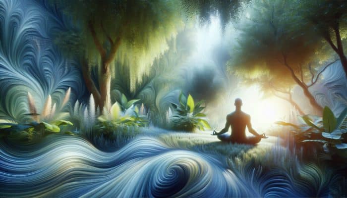 A person meditating in a peaceful garden, surrounded by greenery and soft sunlight, symbolising mindfulness and serenity.