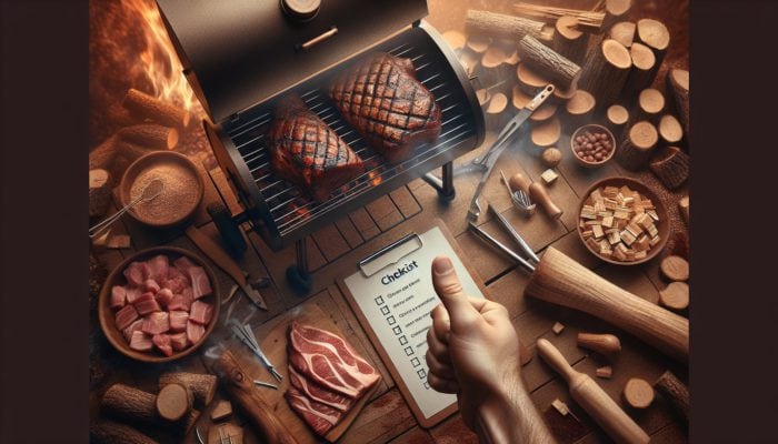 A smoker grill being prepared with wood chips and meat, with tools and checklist, in a rustic outdoor setting.