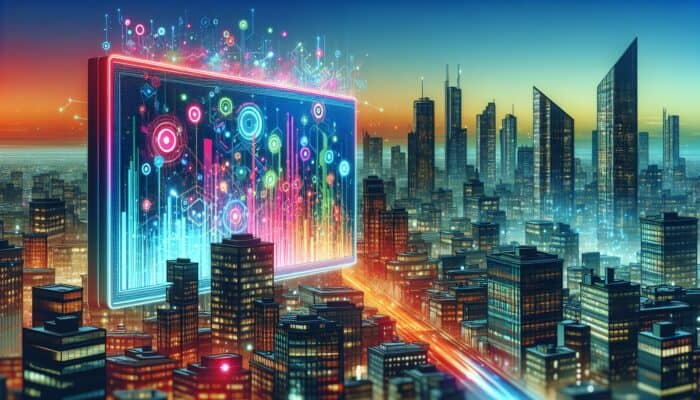 A dynamic digital billboard displaying vibrant advertisements for hosting services against a lively cityscape during twilight.