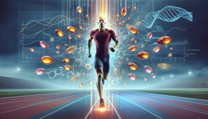 Athlete running on track with omega-3 aura, graphs showing reduced injury rates.