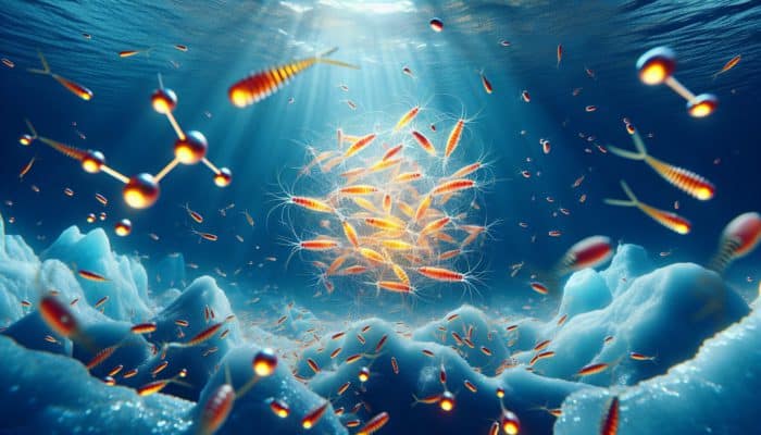 A vibrant underwater scene with krill and glowing omega-3 molecules in phospholipid form, illustrating superior bioavailability for athletes.
