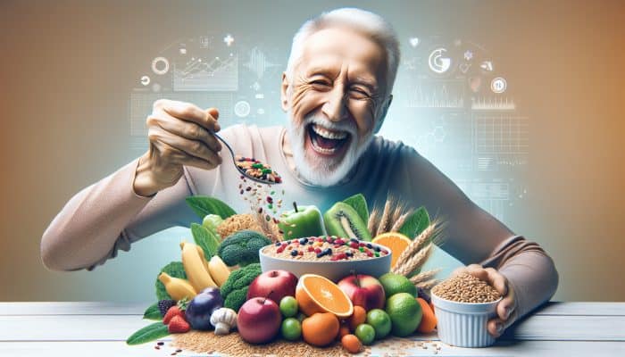 An aging man eating a colorful meal of fiber-rich foods like grains, fruits, vegetables, and legumes.