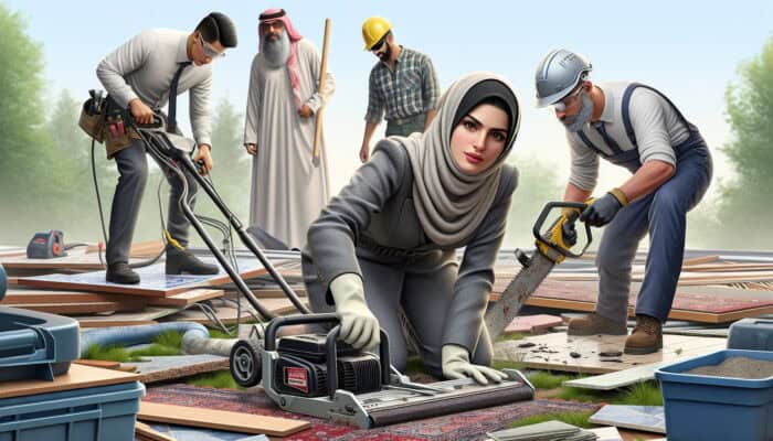 Person using carpet cutter, tile remover, and pruning saws for house clearance, wearing safety gear.