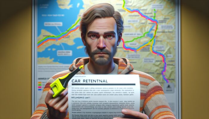 A traveler reviewing a car rental agreement, concerned about mileage limits, with a road trip map in the background.