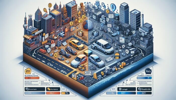 Infographic comparing base rental rates for compact car in urban area and luxury vehicle in remote area, including insurance and roadside assistance.