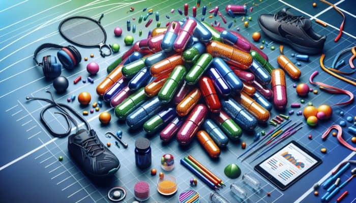 Colorful probiotic capsules with athletic gear, labeled for performance, on a dynamic sports background.