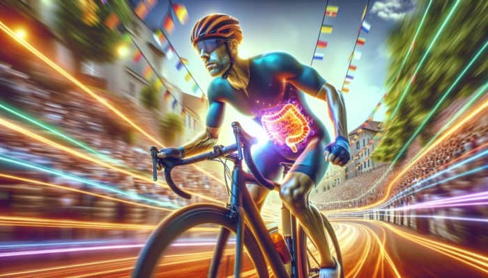 Cyclist in European race, healthy and focused, with glowing gut symbolizing Saccharomyces boulardii benefits.