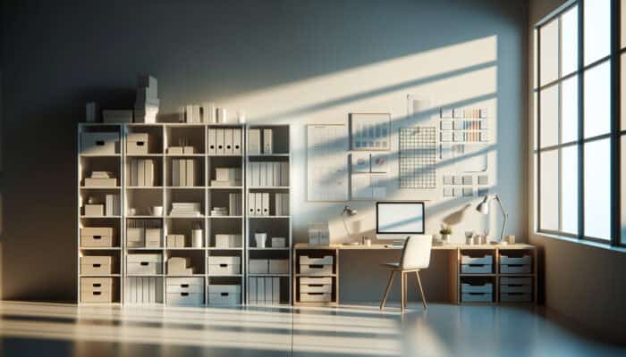A minimalist workspace with organized shelves, labeled boxes, and color-coded folders in natural light.