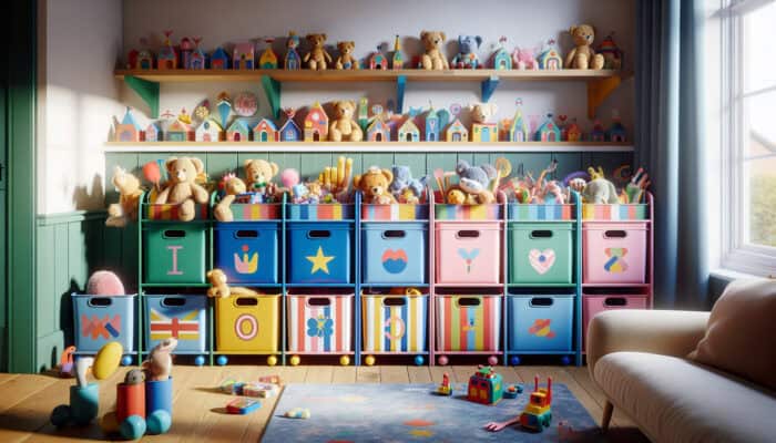 Colourful labels with images and words on toy bins, guiding children to organize stuffed animals in a UK home.