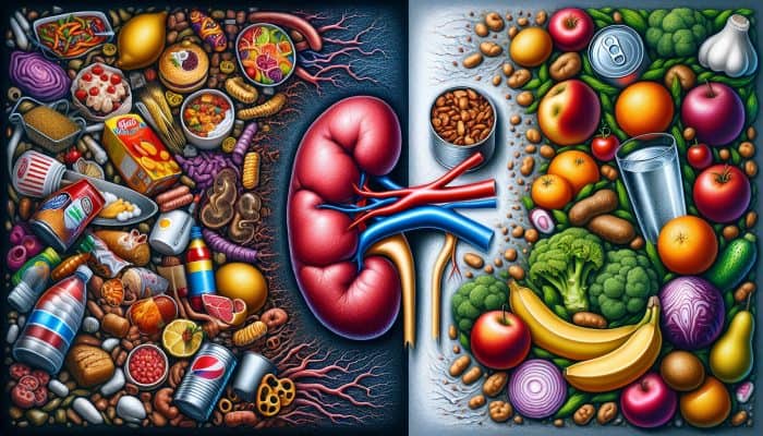 Split image of a kidney: one side strained by processed foods and sodium, the other healthy with fruits, vegetables, whole grains, and water.