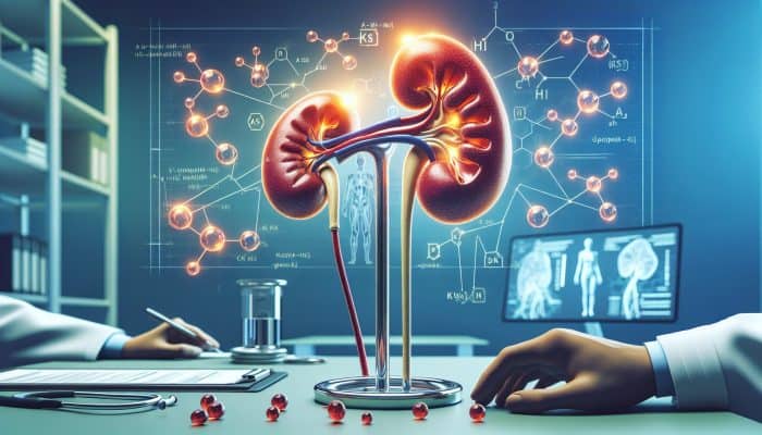 Illustration of kidney filtering creatinine, Sheffield clinic backdrop, charts showing creatinine levels by age, gender, muscle mass.