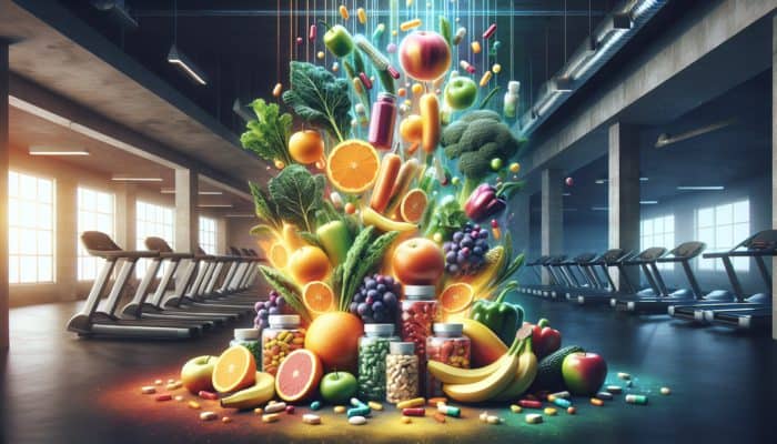A vibrant assortment of fruits, vegetables, and supplements in a gym, highlighting key nutrients for fitness beginners.
